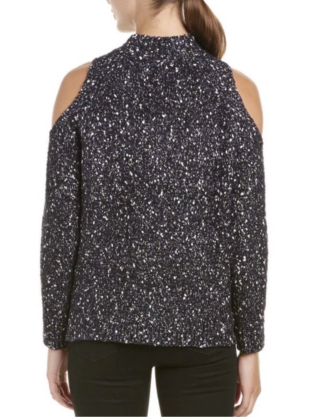 Rebecca Taylor Boucle Cold-Shoulder Mock-Neck Sweater Navy Black White M - Picture 4 of 14